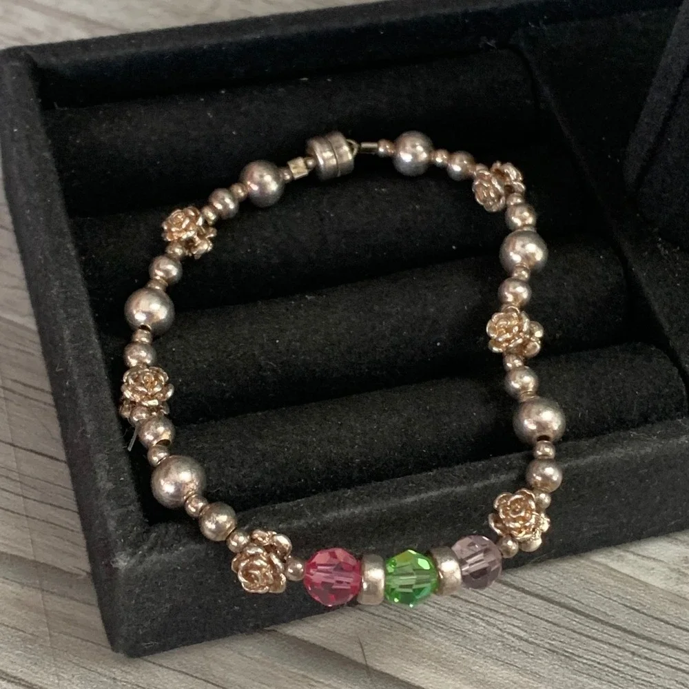 Silver Tone Rose Flower Beaded Bracelet Magnetic Pink Green Crystal 5170